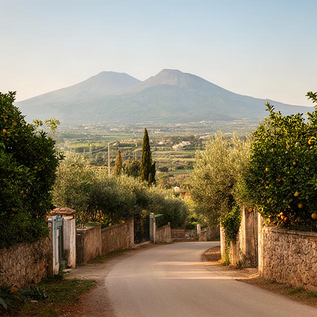 Strada di campagna nei dintorni di Ottaviano con giardini e vegetazione della Campania