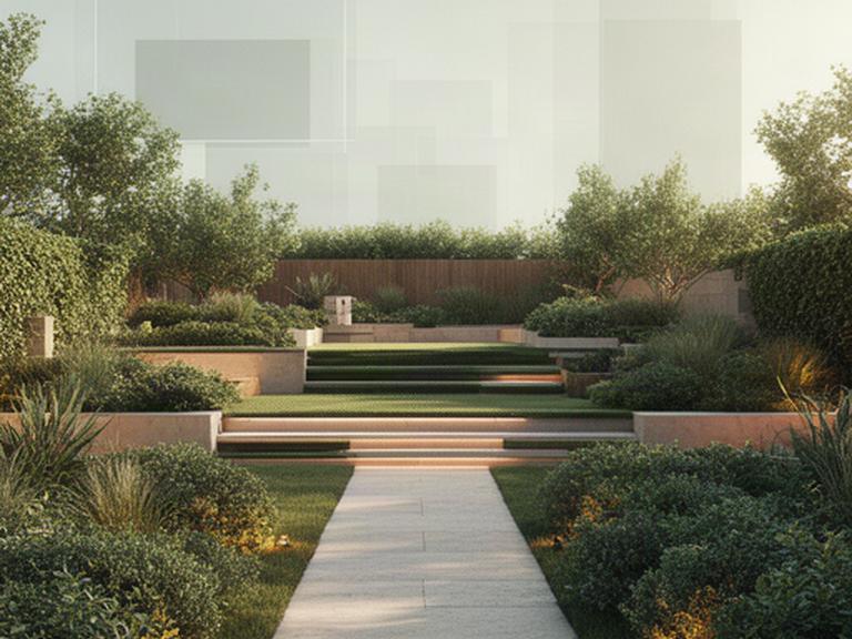 Rendering progettuale di un giardino con terrazza verde, percorso pedonale e illuminazione esterna