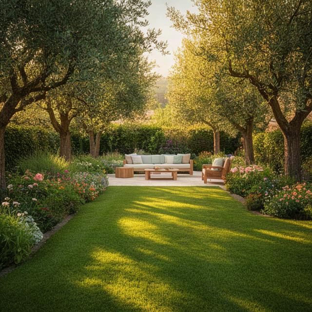 Giardino residenziale curato con prato verde, alberi ombreggianti e area esterna pronta per la famiglia