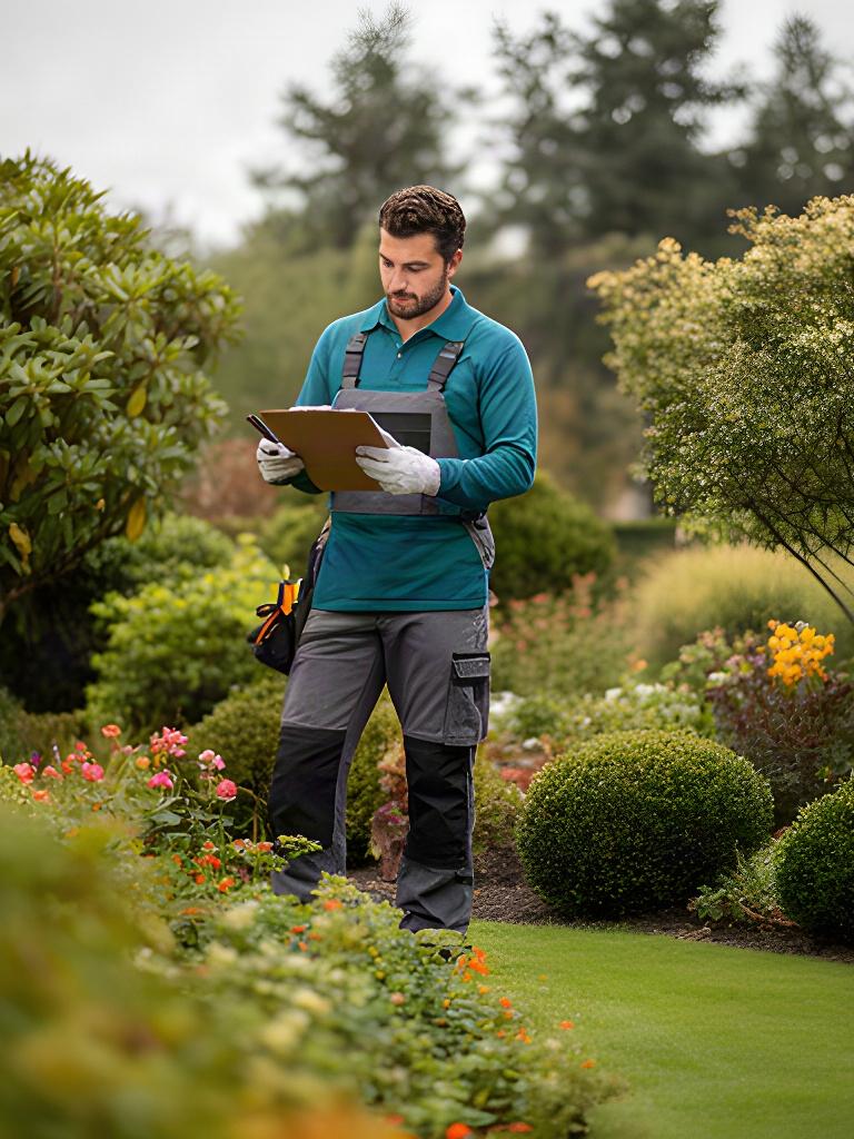 Professionista del verde che osserva un giardino residenziale prima di valutarne la manutenzione