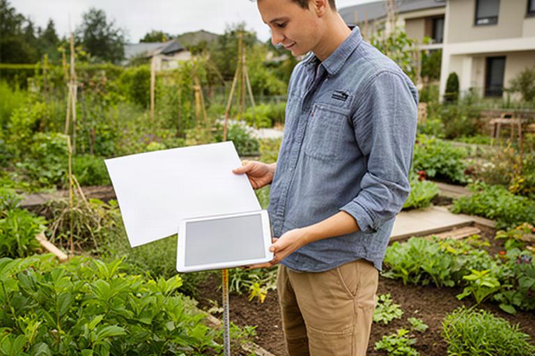 Professionista che osserva una planimetria accanto a un giardino da progettare
