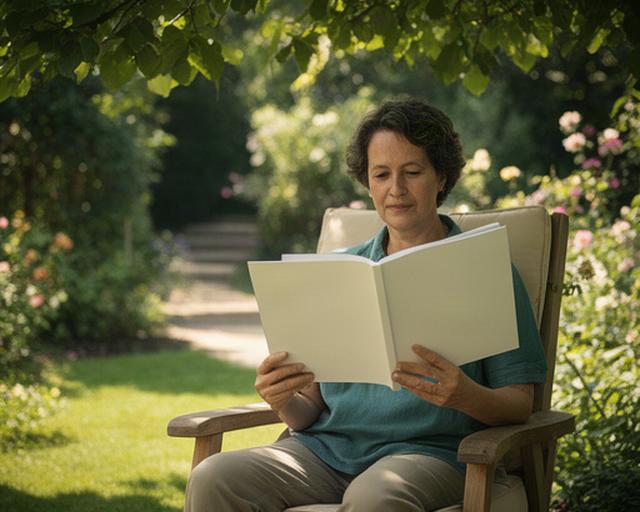 Persona che legge una guida ai diritti digitali seduta in un giardino ombreggiato
